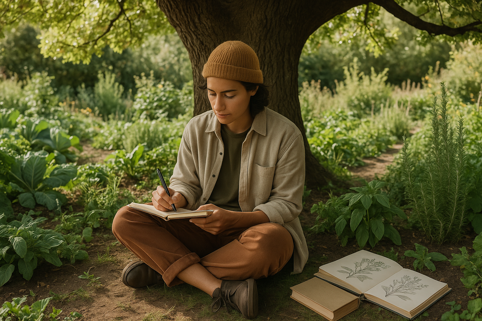 Persona aprendiendo permacultura al aire libre en un sendero guiado